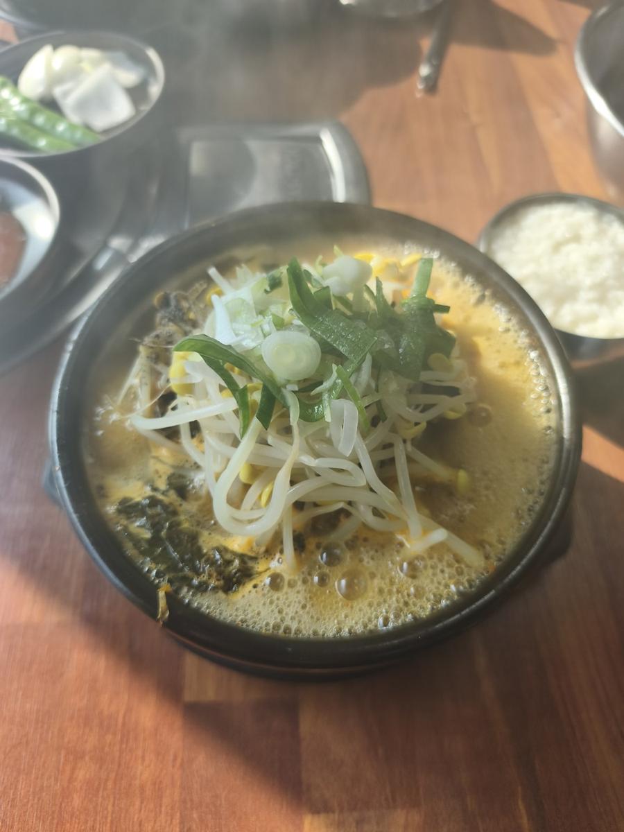 Pork bone soup (Haejangguk) with Siraegi in a traditional stone pot