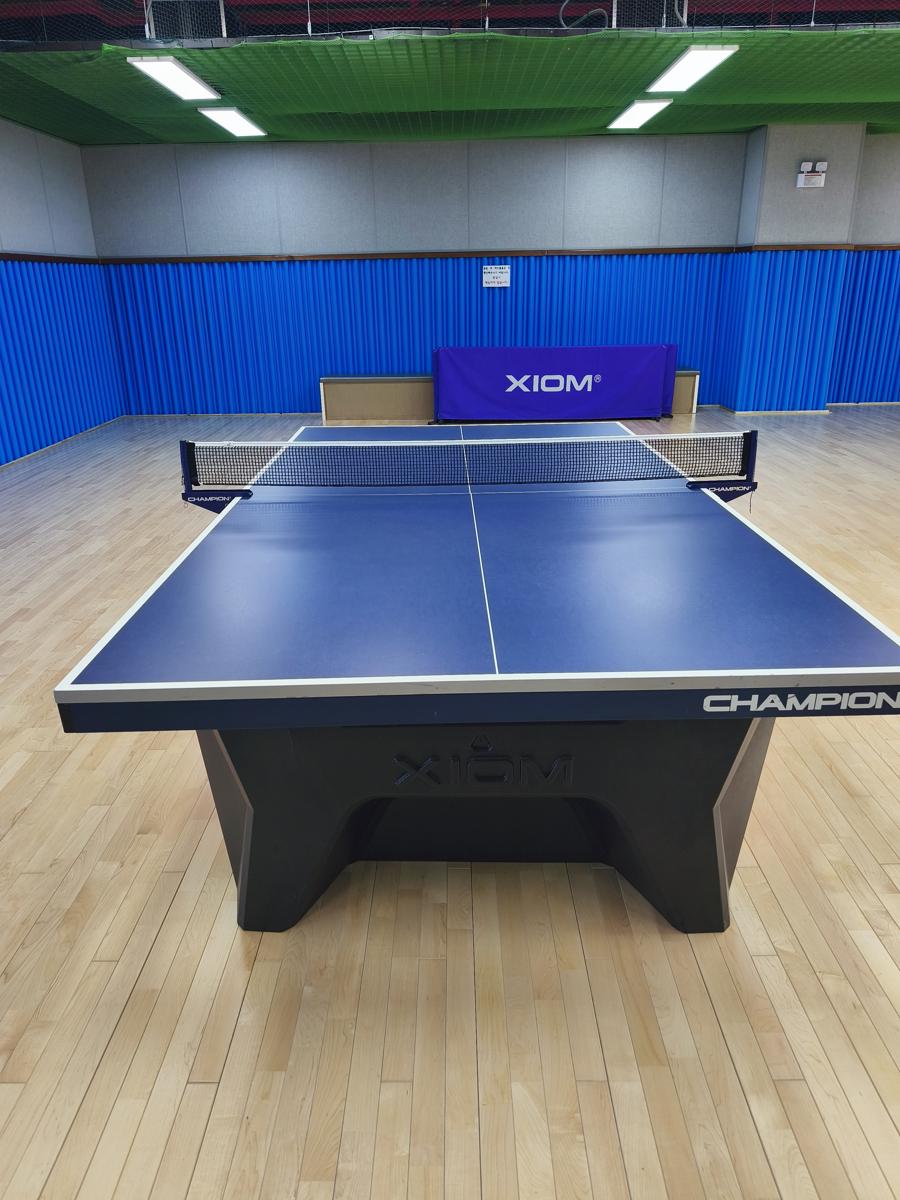 광양 성황스포츠센터 탁구장: 먼지 하나 없이 깔끔하게 관리된 탁구대 (Cleanly maintained table tennis table without a speck of dust)