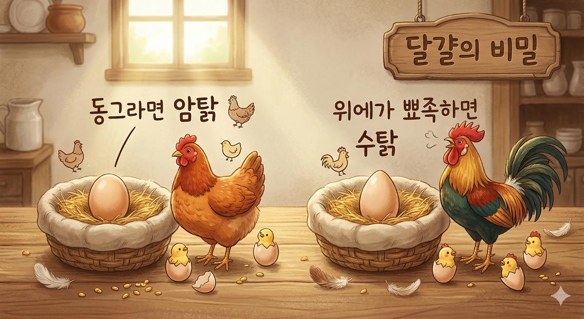 병아리 부화기 육추기 만들기: 동그란 모양은 암탉, 뾰족한 모양은 수탉이 나올 확률이 높은 달걀 (Egg shape indicating higher probability of hen (round) or rooster (pointy))