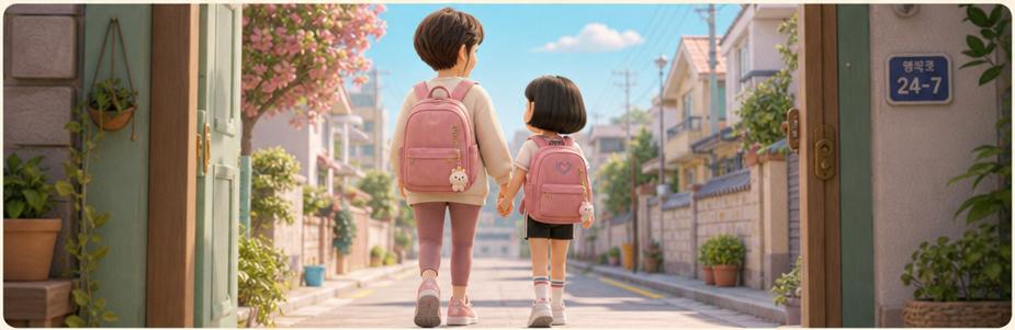 단편소설 이모: 가방을 메고 문을 열고 활기차게 밖으로 나서는 수니와 이모의 뒷모습 (The back view of Suni and her aunt wearing backpacks and stepping outside with bright energy)