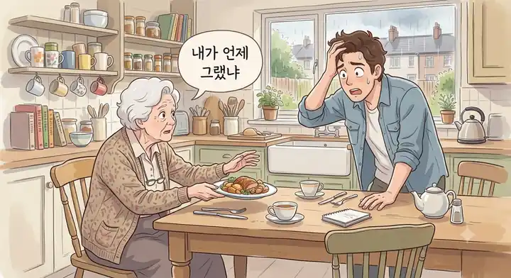기억의 미로를 걷는 사람들: 식사 그릇을 밀치며 부정하는 어머니와 당황해하는 아들 제임스 (Mother pushing away the dish and denying the situation while James looks distressed)