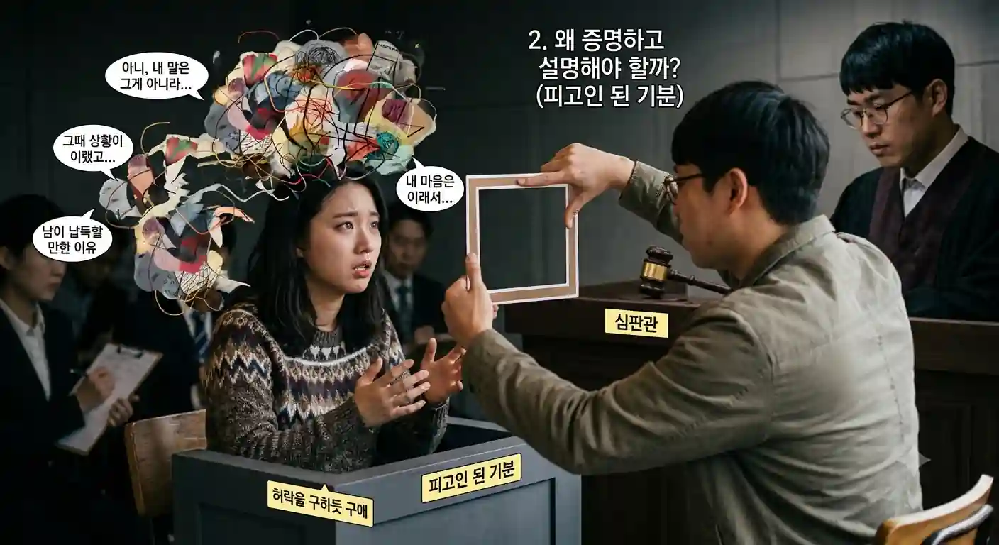 이해받는 것은 모욕이다: 타인에게 나를 증명하고 설명해야 하는 답답한 피고인의 상황 (The frustrating position of having to prove and explain oneself like a defendant)