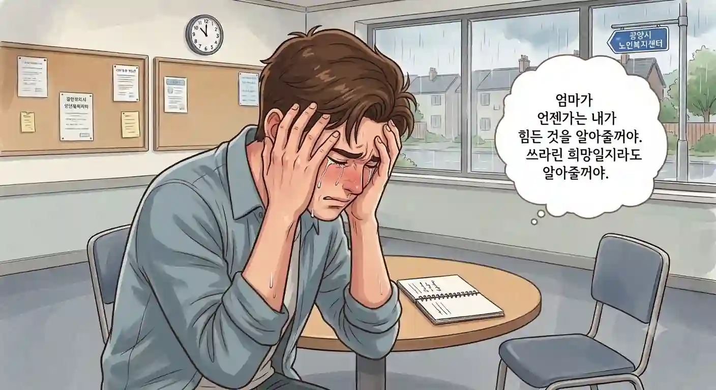 기억의 미로를 걷는 사람들: 어머니가 언젠간 알아줄 것이라는 쓰라린 희망을 안고 눈물 흘리는 아들 (James crying with a bitter hope that his mother will understand one day)
